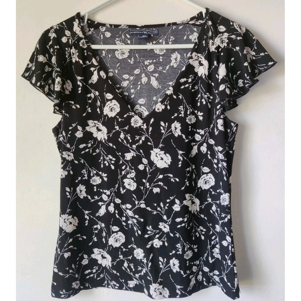 American Living Women's Short Flutter‎ Sleeve Black/White Floral Print Size M